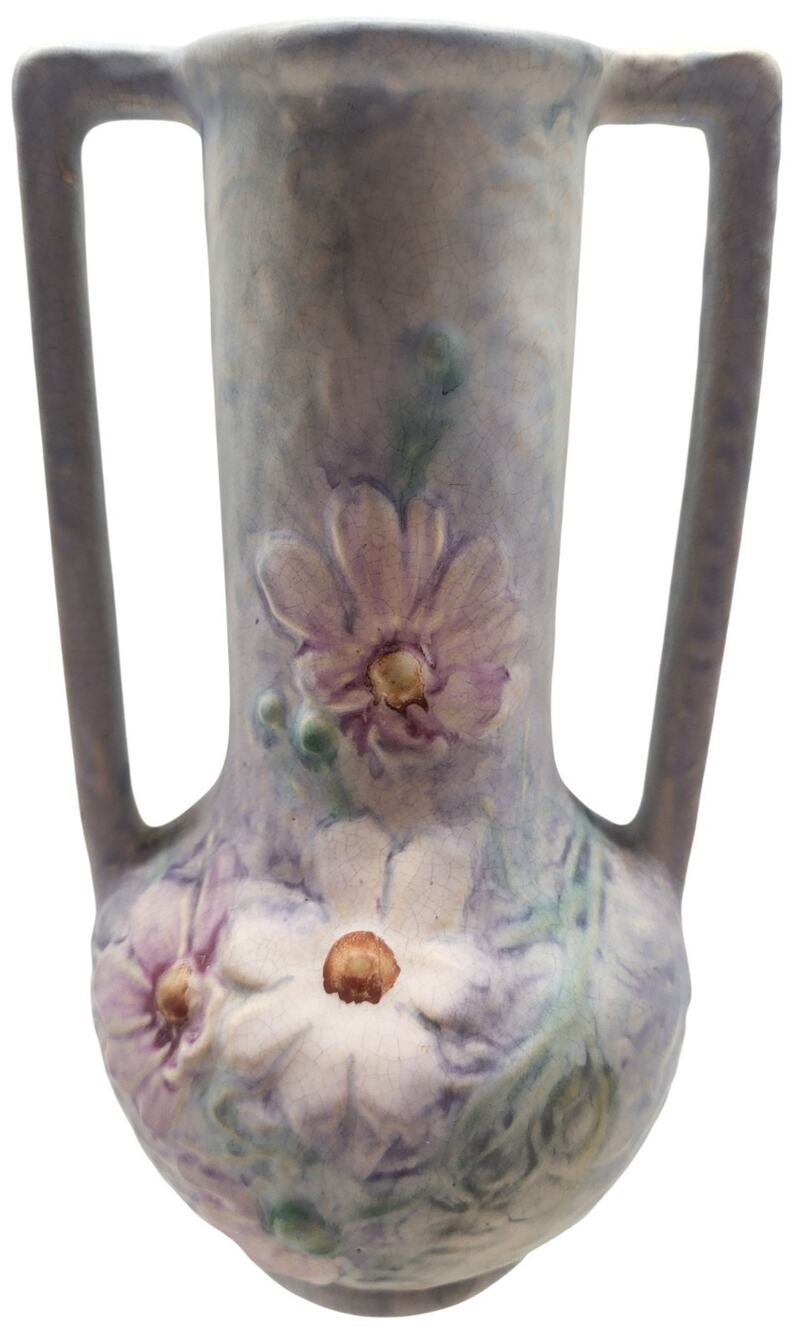 VINTAGE WELLER POTTERY SILVERTONE TALL HANDLED VASE